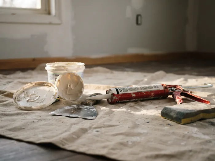A close daylight detail of a drywall patch feathered smooth with a putty knife resting beside it, no people